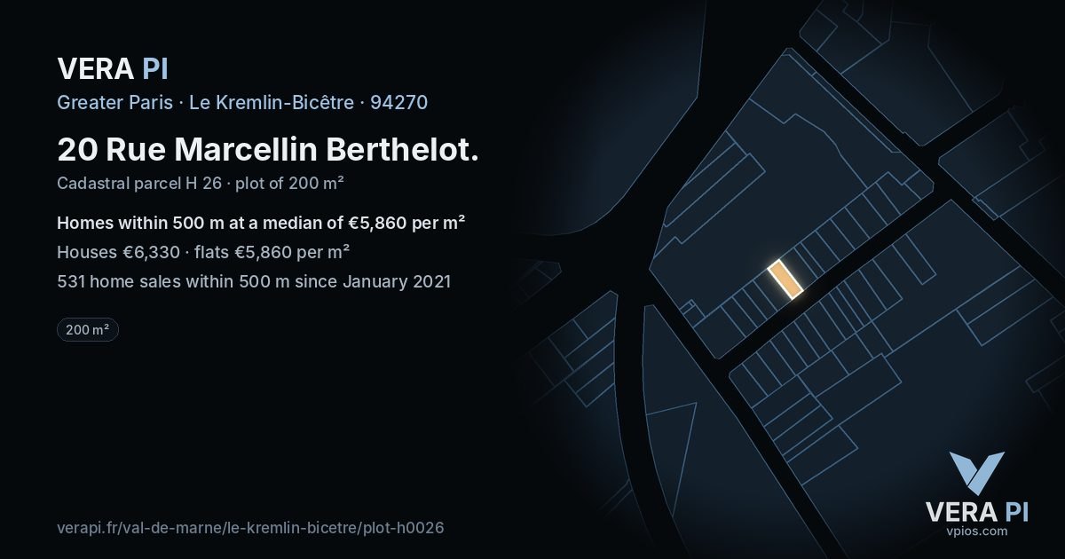 20 Rue Marcellin Berthelot, Le Kremlin-Bicêtre at night – the plot lit, the parcels around coloured by the prices near them