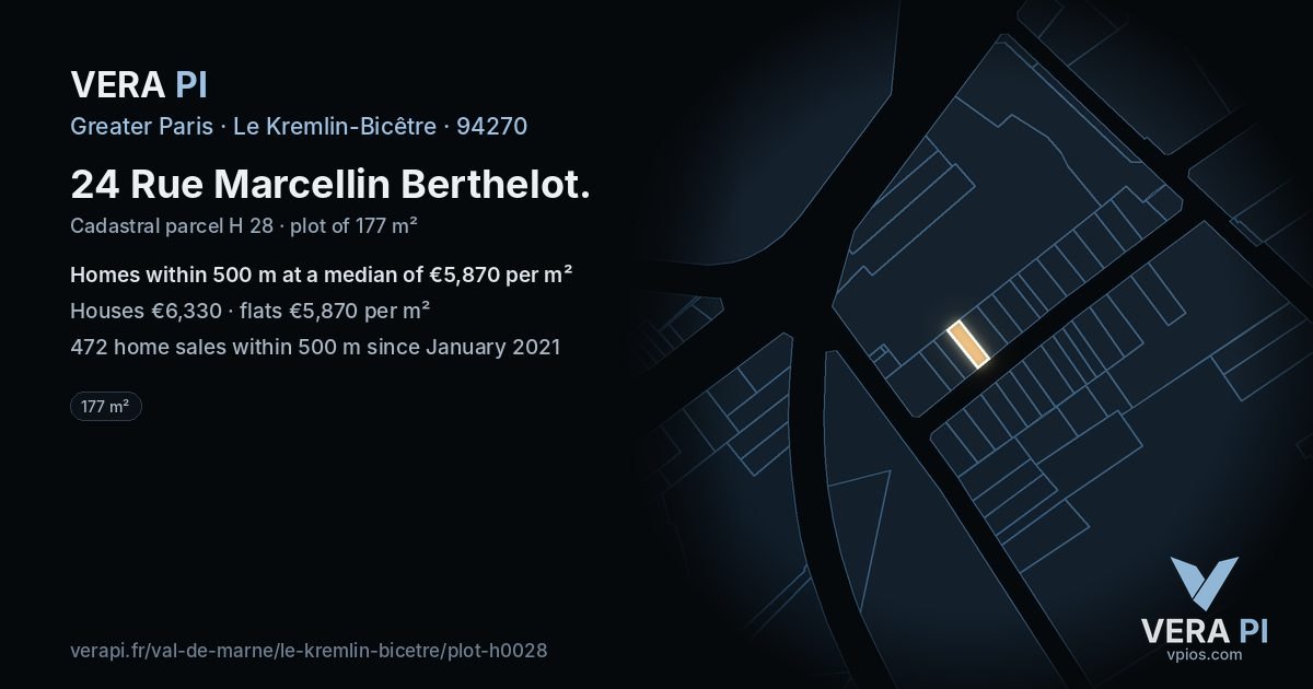 24 Rue Marcellin Berthelot, Le Kremlin-Bicêtre at night – the plot lit, the parcels around coloured by the prices near them