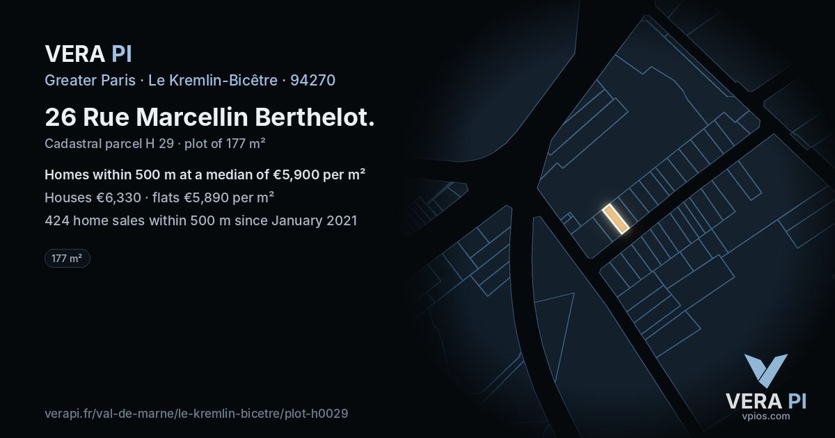 26 Rue Marcellin Berthelot, Le Kremlin-Bicêtre at night – the plot lit, the parcels around coloured by the prices near them