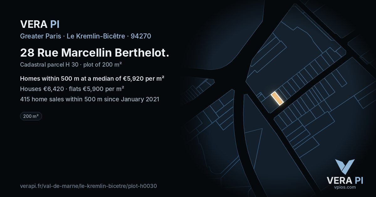 28 Rue Marcellin Berthelot, Le Kremlin-Bicêtre at night – the plot lit, the parcels around coloured by the prices near them