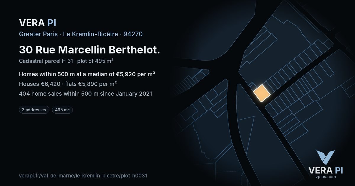 30 Rue Marcellin Berthelot, Le Kremlin-Bicêtre at night – the plot lit, the parcels around coloured by the prices near them
