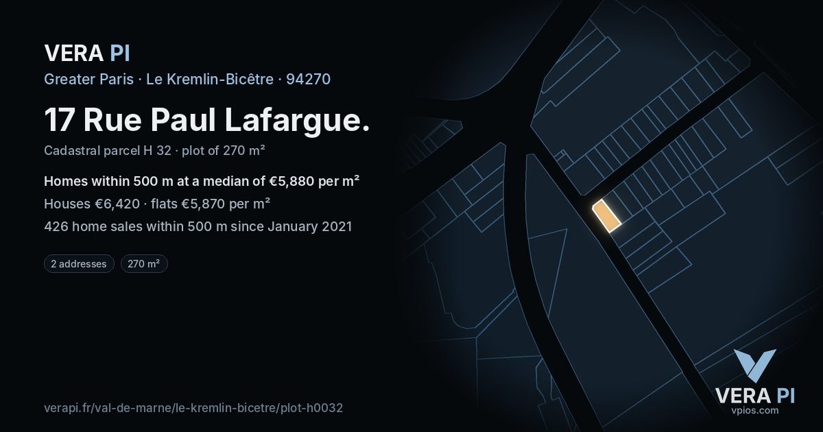 17 Rue Paul Lafargue, Le Kremlin-Bicêtre at night – the plot lit, the parcels around coloured by the prices near them