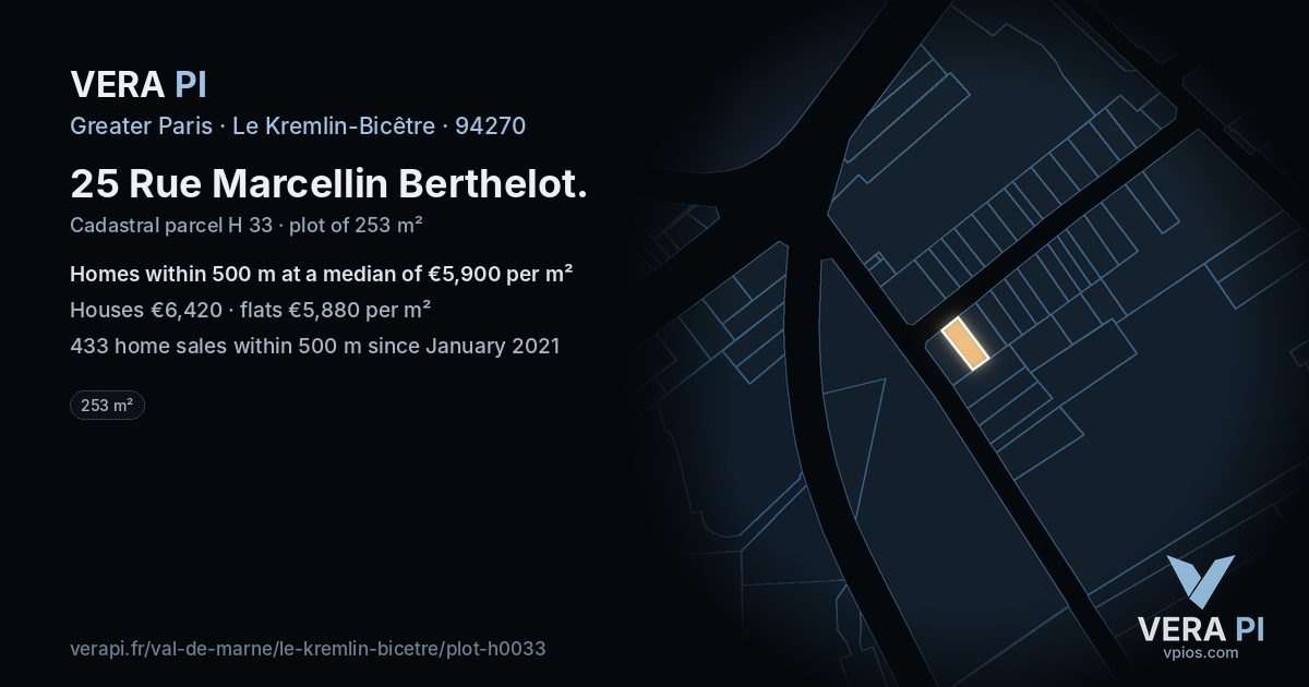 25 Rue Marcellin Berthelot, Le Kremlin-Bicêtre at night – the plot lit, the parcels around coloured by the prices near them