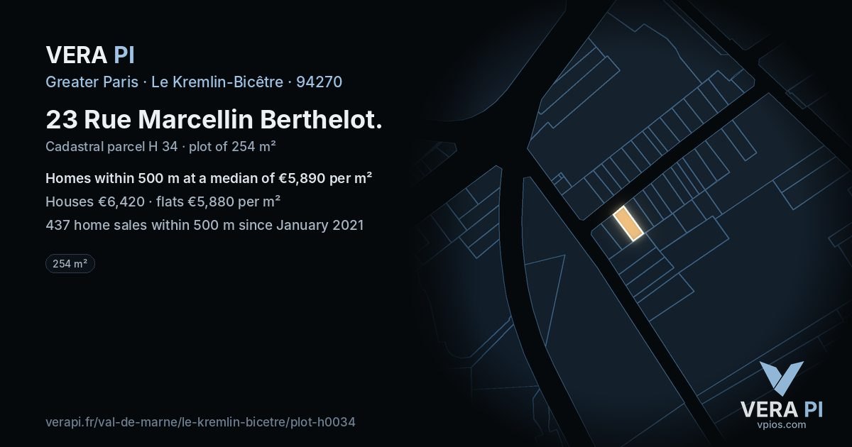 23 Rue Marcellin Berthelot, Le Kremlin-Bicêtre at night – the plot lit, the parcels around coloured by the prices near them