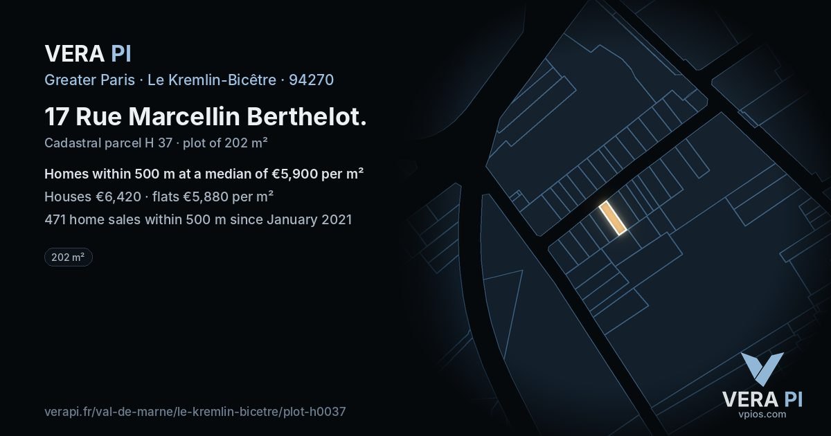 17 Rue Marcellin Berthelot, Le Kremlin-Bicêtre at night – the plot lit, the parcels around coloured by the prices near them