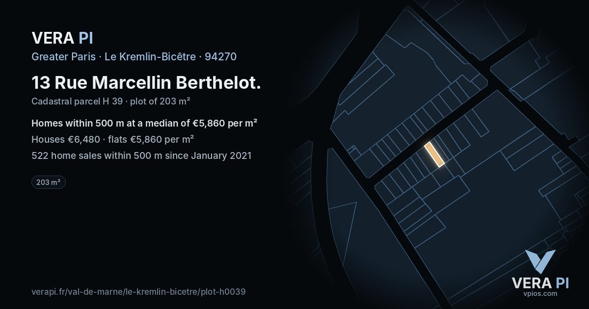 13 Rue Marcellin Berthelot, Le Kremlin-Bicêtre at night – the plot lit, the parcels around coloured by the prices near them
