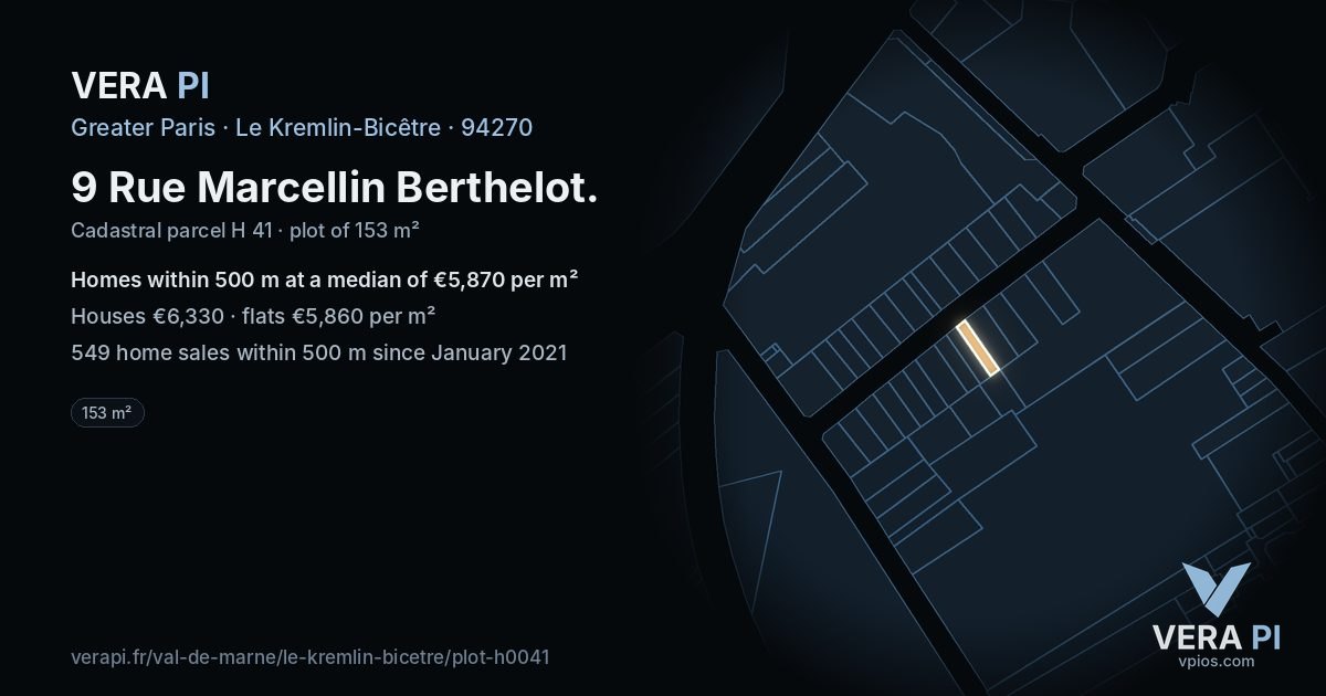 9 Rue Marcellin Berthelot, Le Kremlin-Bicêtre at night – the plot lit, the parcels around coloured by the prices near them