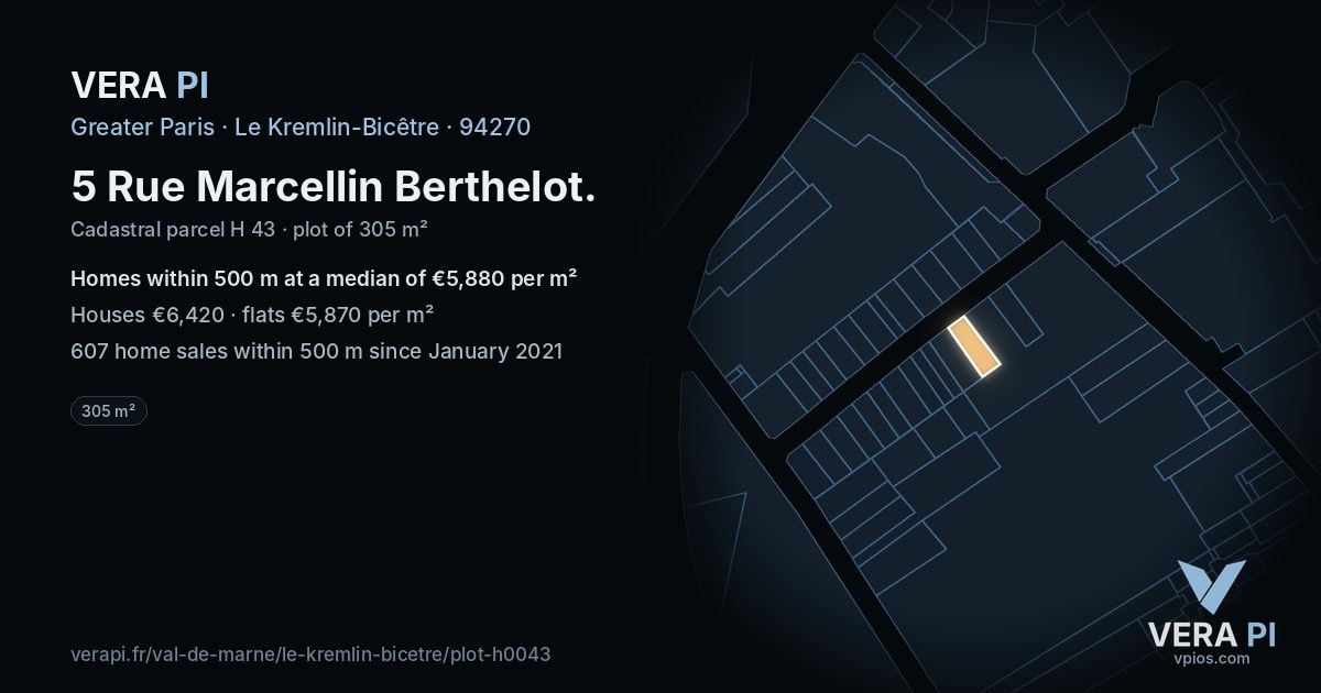 5 Rue Marcellin Berthelot, Le Kremlin-Bicêtre at night – the plot lit, the parcels around coloured by the prices near them