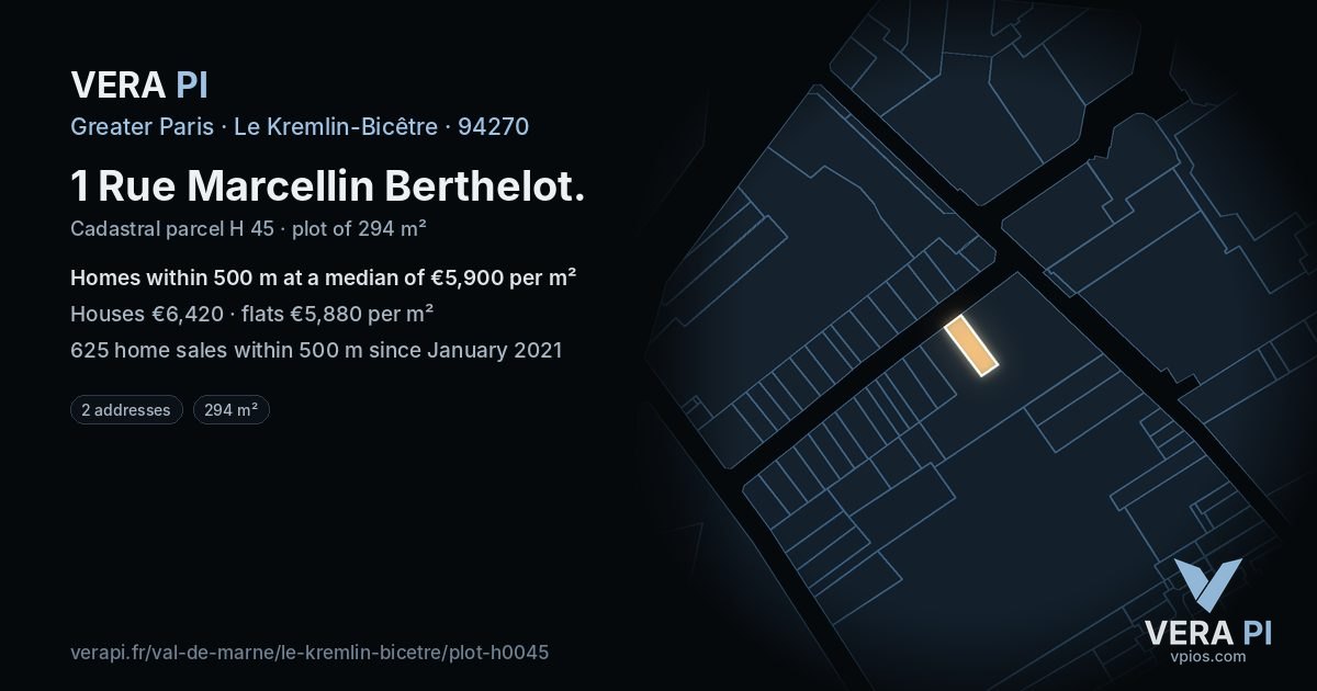 1 Rue Marcellin Berthelot, Le Kremlin-Bicêtre at night – the plot lit, the parcels around coloured by the prices near them