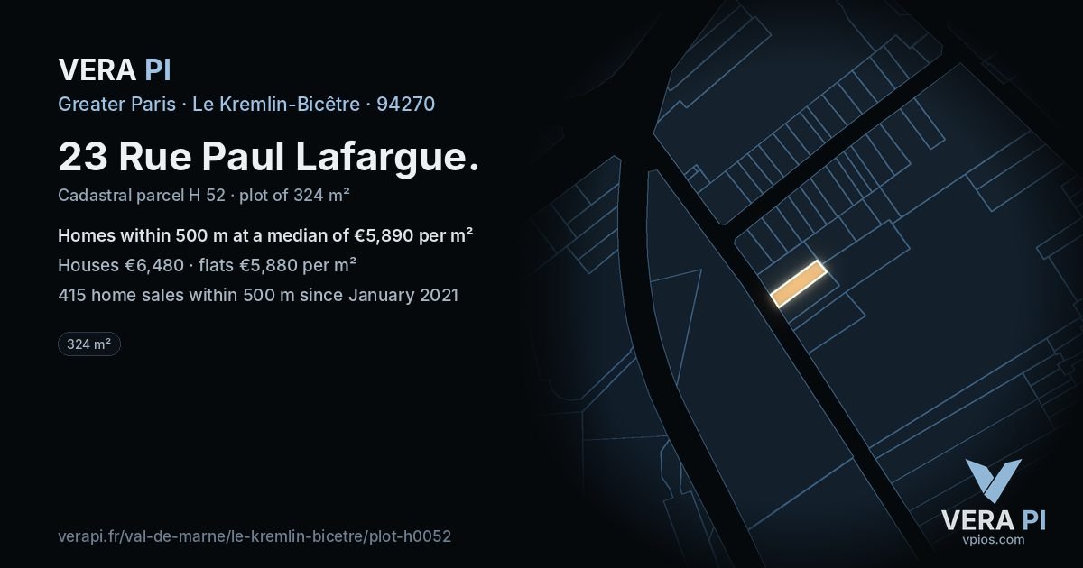 23 Rue Paul Lafargue, Le Kremlin-Bicêtre at night – the plot lit, the parcels around coloured by the prices near them