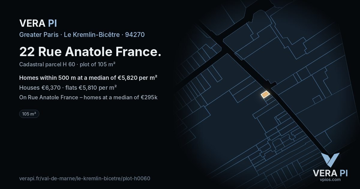 22 Rue Anatole France, Le Kremlin-Bicêtre at night – the plot lit, the parcels around coloured by the prices near them