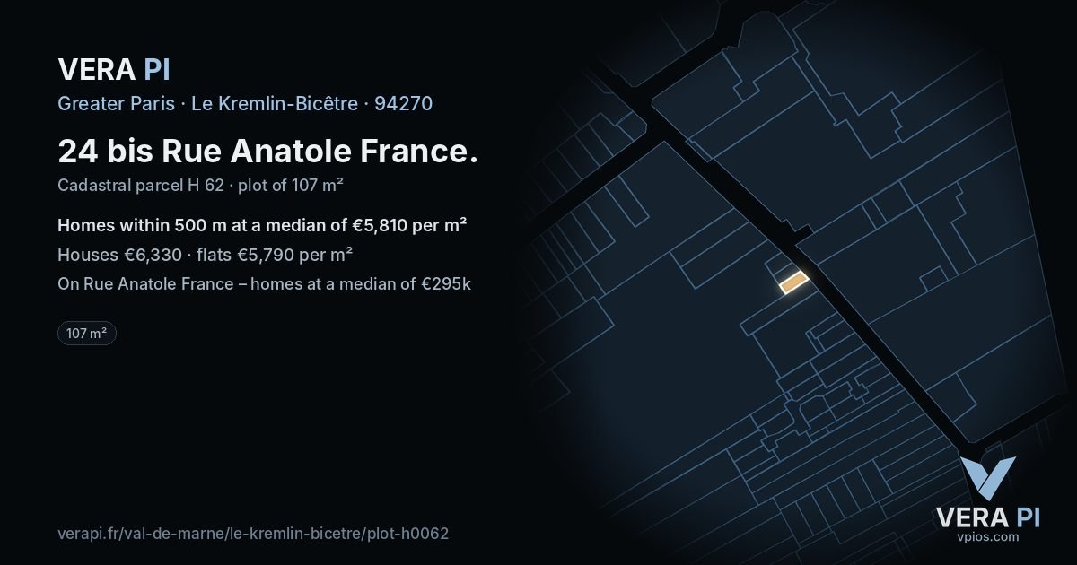 24 bis Rue Anatole France, Le Kremlin-Bicêtre at night – the plot lit, the parcels around coloured by the prices near them