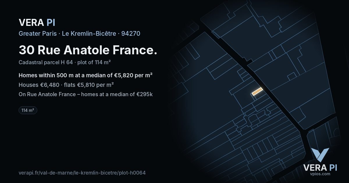 30 Rue Anatole France, Le Kremlin-Bicêtre at night – the plot lit, the parcels around coloured by the prices near them