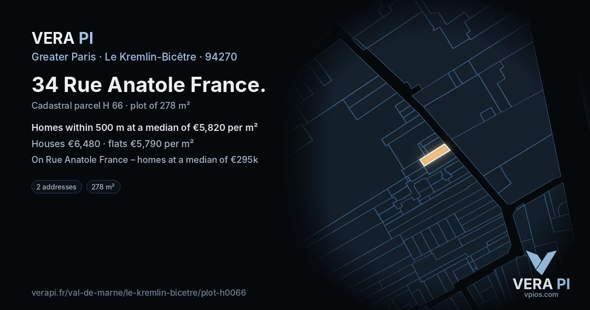 34 Rue Anatole France, Le Kremlin-Bicêtre at night – the plot lit, the parcels around coloured by the prices near them