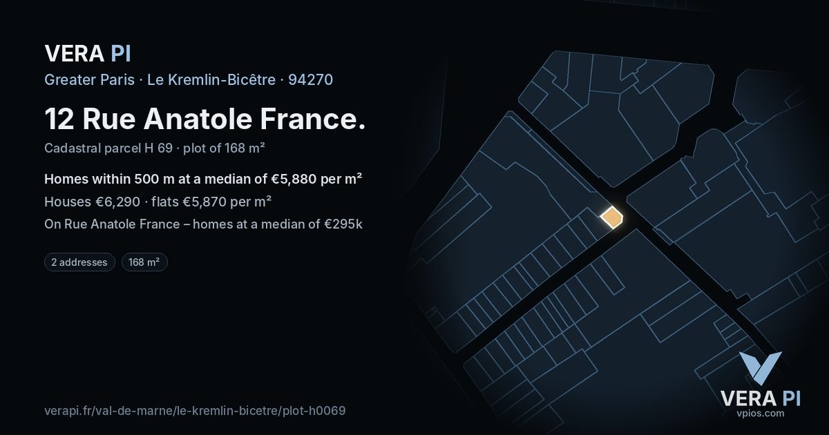 12 Rue Anatole France, Le Kremlin-Bicêtre at night – the plot lit, the parcels around coloured by the prices near them