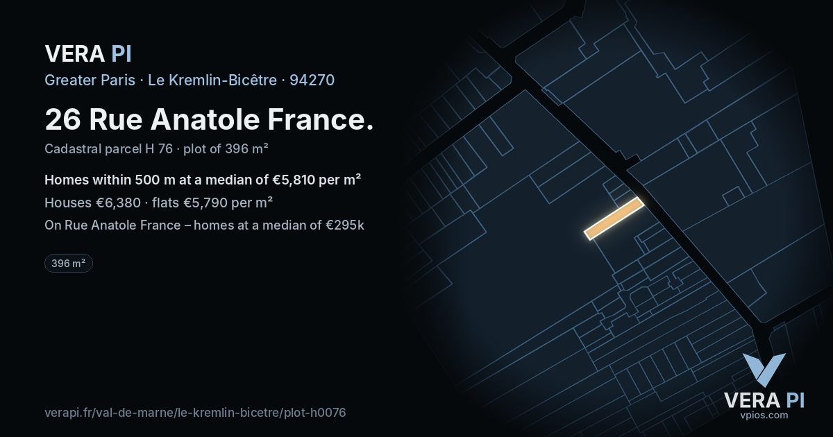 26 Rue Anatole France, Le Kremlin-Bicêtre at night – the plot lit, the parcels around coloured by the prices near them