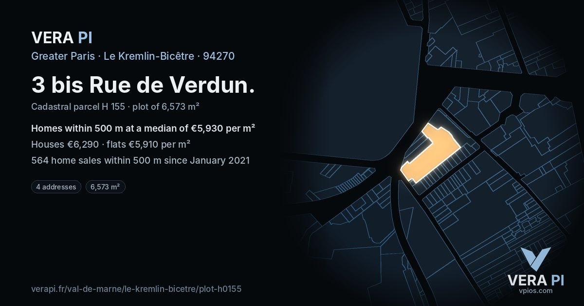 3 bis Rue de Verdun, Le Kremlin-Bicêtre at night – the plot lit, the parcels around coloured by the prices near them