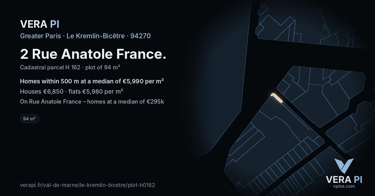 2 Rue Anatole France, Le Kremlin-Bicêtre at night – the plot lit, the parcels around coloured by the prices near them