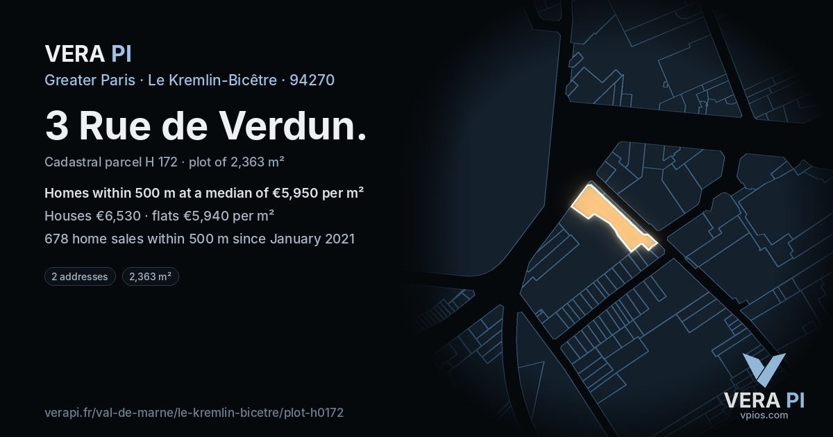 3 Rue de Verdun, Le Kremlin-Bicêtre at night – the plot lit, the parcels around coloured by the prices near them
