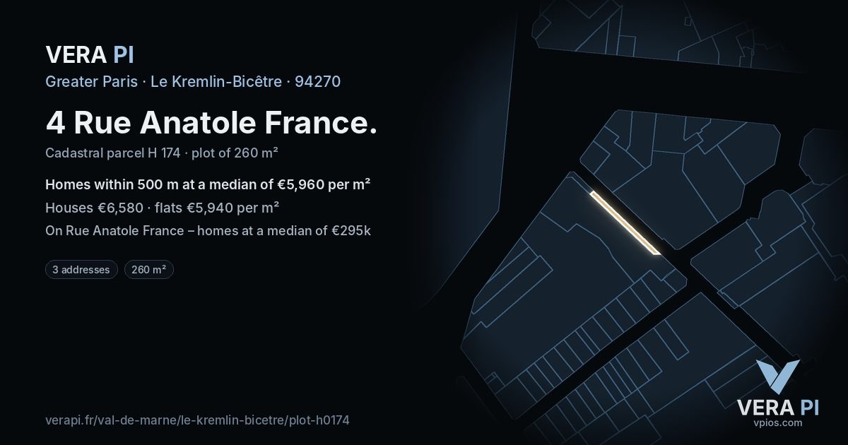 4 Rue Anatole France, Le Kremlin-Bicêtre at night – the plot lit, the parcels around coloured by the prices near them