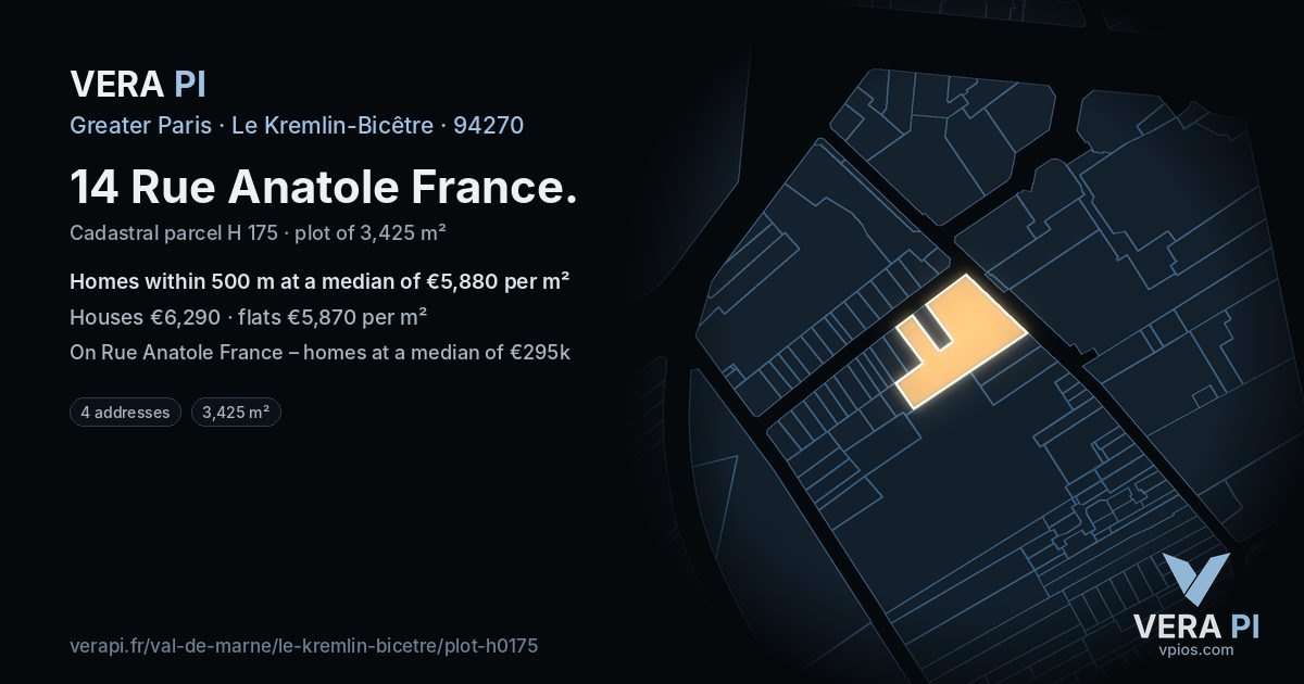 14 Rue Anatole France, Le Kremlin-Bicêtre at night – the plot lit, the parcels around coloured by the prices near them