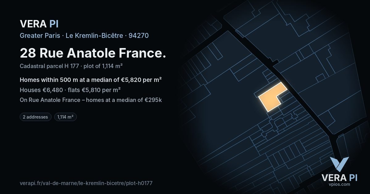 28 Rue Anatole France, Le Kremlin-Bicêtre at night – the plot lit, the parcels around coloured by the prices near them