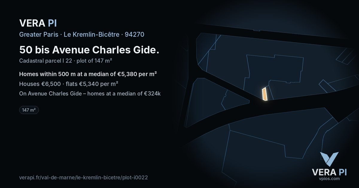 50 bis Avenue Charles Gide, Le Kremlin-Bicêtre at night – the plot lit, the parcels around coloured by the prices near them