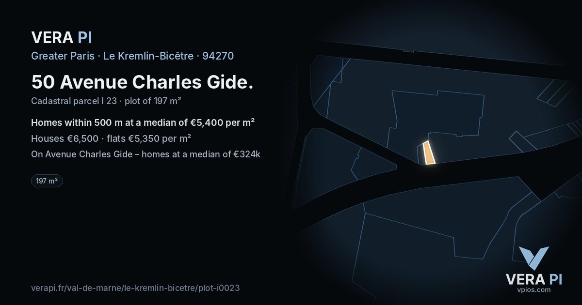 50 Avenue Charles Gide, Le Kremlin-Bicêtre at night – the plot lit, the parcels around coloured by the prices near them