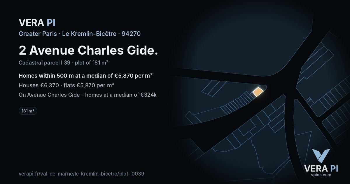 2 Avenue Charles Gide, Le Kremlin-Bicêtre at night – the plot lit, the parcels around coloured by the prices near them