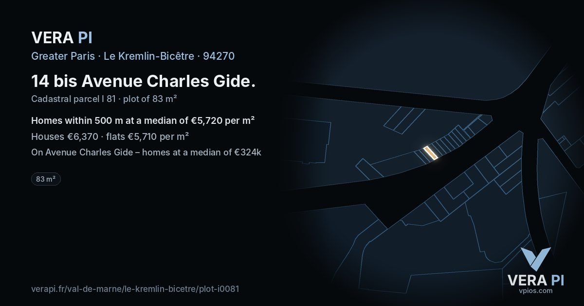 14 bis Avenue Charles Gide, Le Kremlin-Bicêtre at night – the plot lit, the parcels around coloured by the prices near them