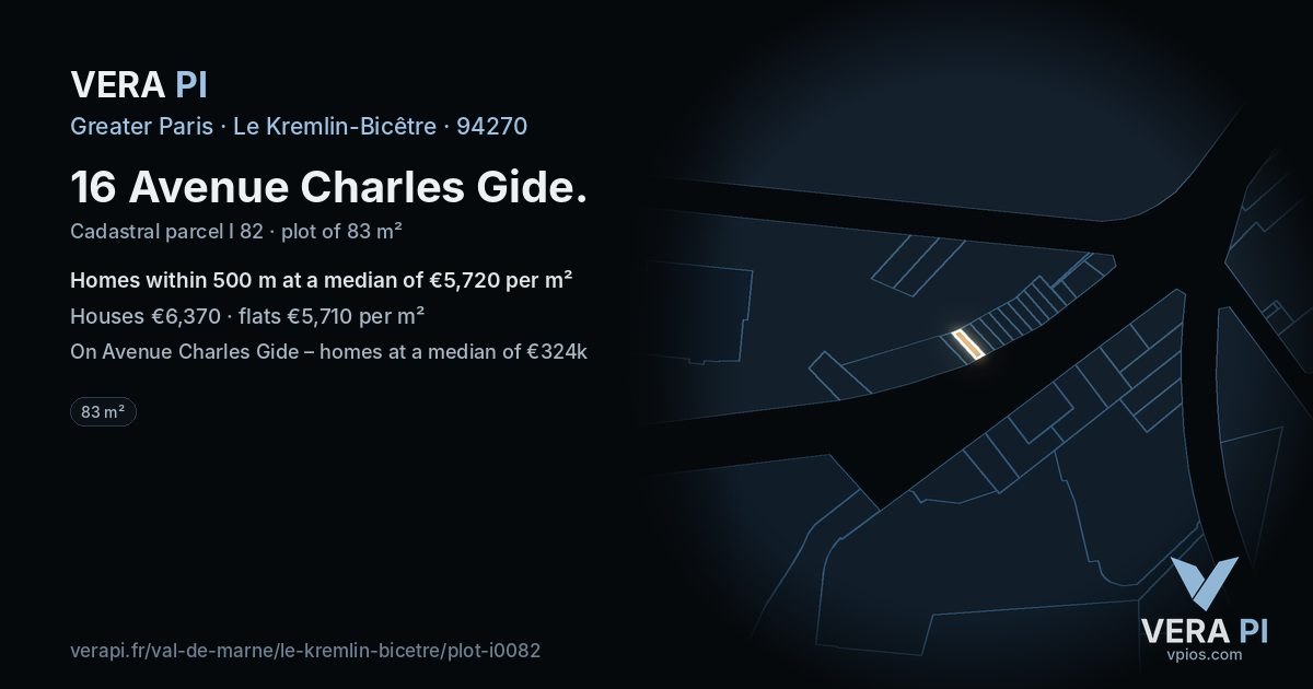 16 Avenue Charles Gide, Le Kremlin-Bicêtre at night – the plot lit, the parcels around coloured by the prices near them