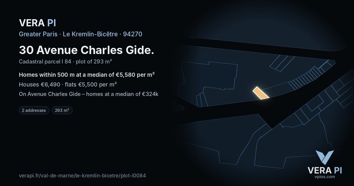 30 Avenue Charles Gide, Le Kremlin-Bicêtre at night – the plot lit, the parcels around coloured by the prices near them