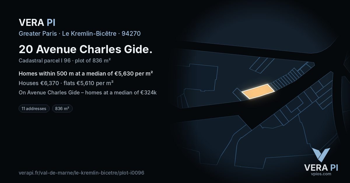 20 Avenue Charles Gide, Le Kremlin-Bicêtre at night – the plot lit, the parcels around coloured by the prices near them