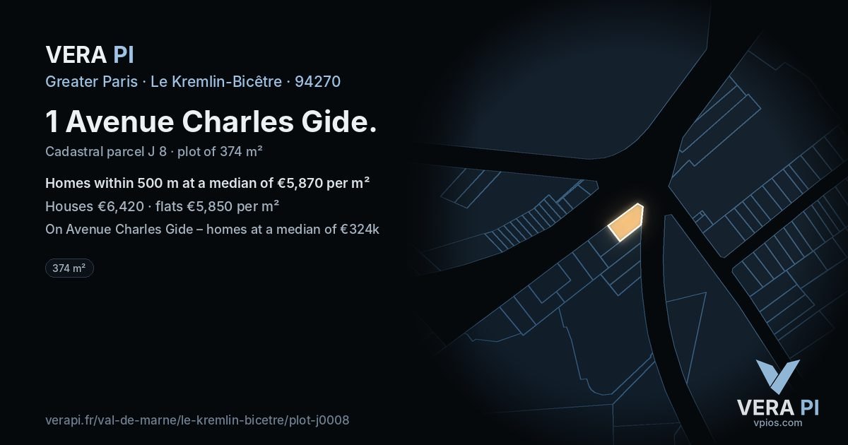 1 Avenue Charles Gide, Le Kremlin-Bicêtre at night – the plot lit, the parcels around coloured by the prices near them