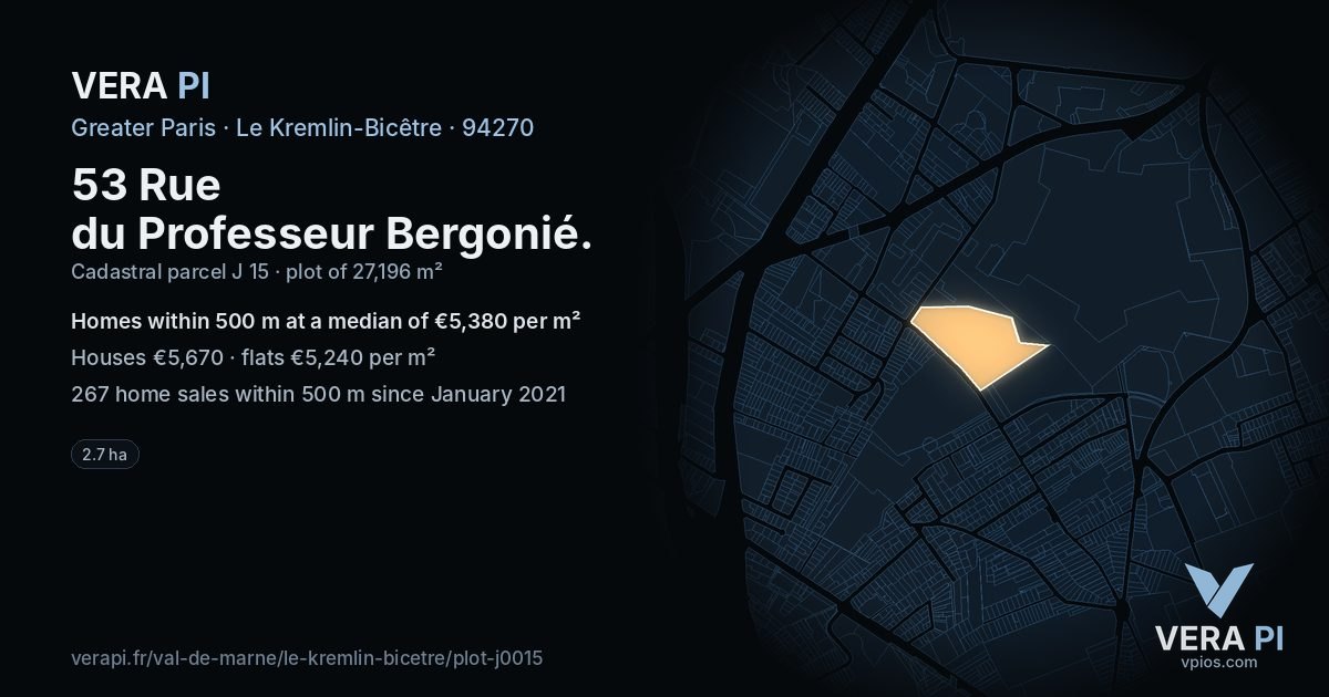 53 Rue du Professeur Bergonié, Le Kremlin-Bicêtre at night – the plot lit, the parcels around coloured by the prices near them