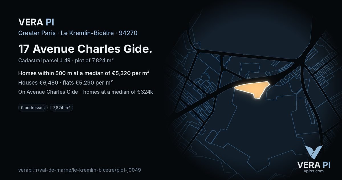 17 Avenue Charles Gide, Le Kremlin-Bicêtre at night – the plot lit, the parcels around coloured by the prices near them