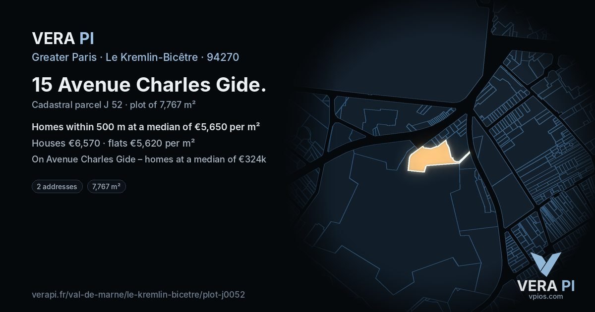 15 Avenue Charles Gide, Le Kremlin-Bicêtre at night – the plot lit, the parcels around coloured by the prices near them