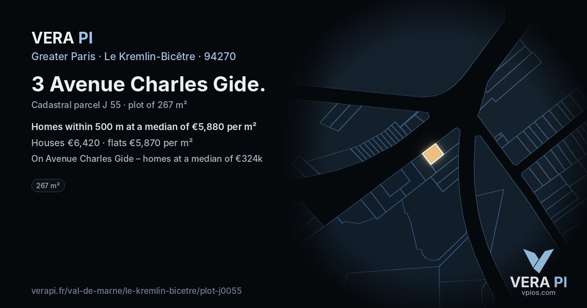 3 Avenue Charles Gide, Le Kremlin-Bicêtre at night – the plot lit, the parcels around coloured by the prices near them