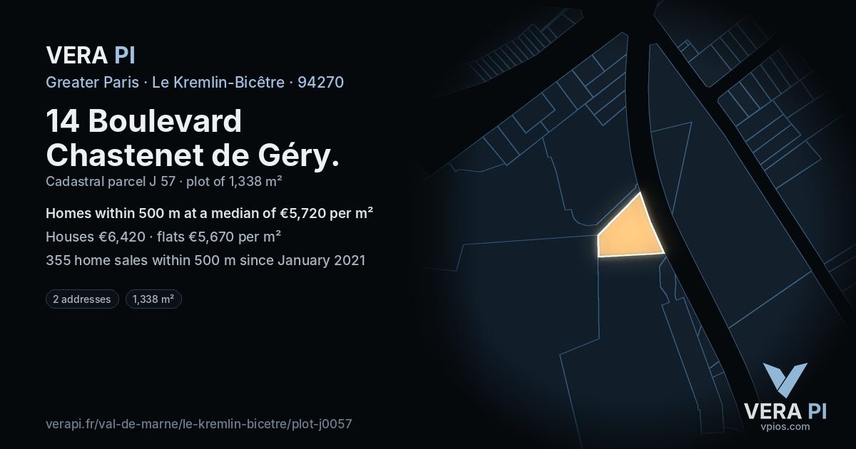 14 Boulevard Chastenet de Géry, Le Kremlin-Bicêtre at night – the plot lit, the parcels around coloured by the prices near them