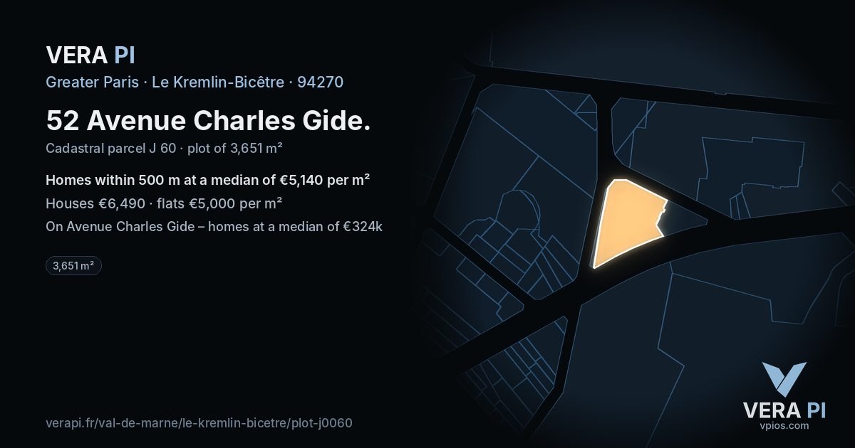 52 Avenue Charles Gide, Le Kremlin-Bicêtre at night – the plot lit, the parcels around coloured by the prices near them