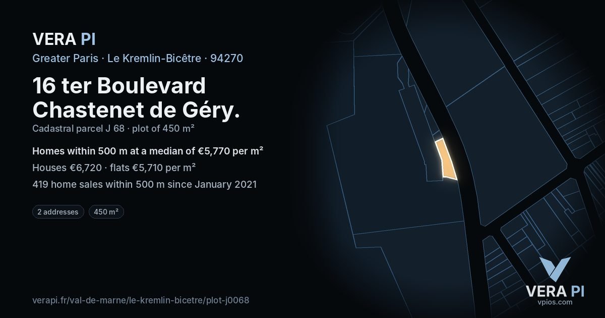 16 ter Boulevard Chastenet de Géry, Le Kremlin-Bicêtre at night – the plot lit, the parcels around coloured by the prices near them