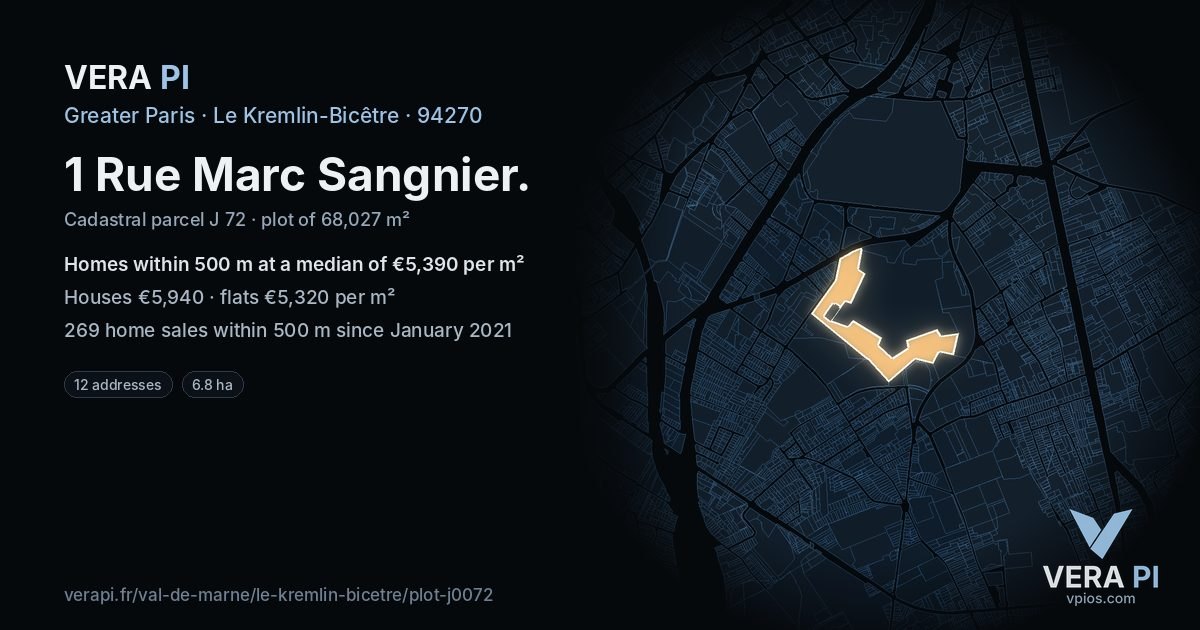 1 Rue Marc Sangnier, Le Kremlin-Bicêtre at night – the plot lit, the parcels around coloured by the prices near them