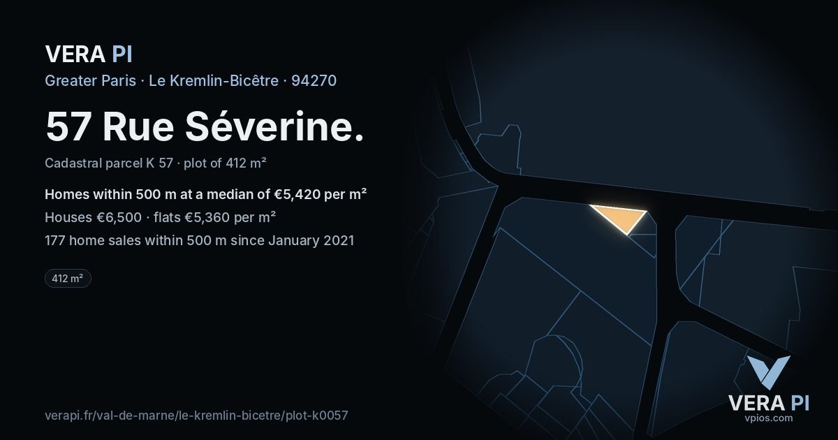 57 Rue Séverine, Le Kremlin-Bicêtre at night – the plot lit, the parcels around coloured by the prices near them
