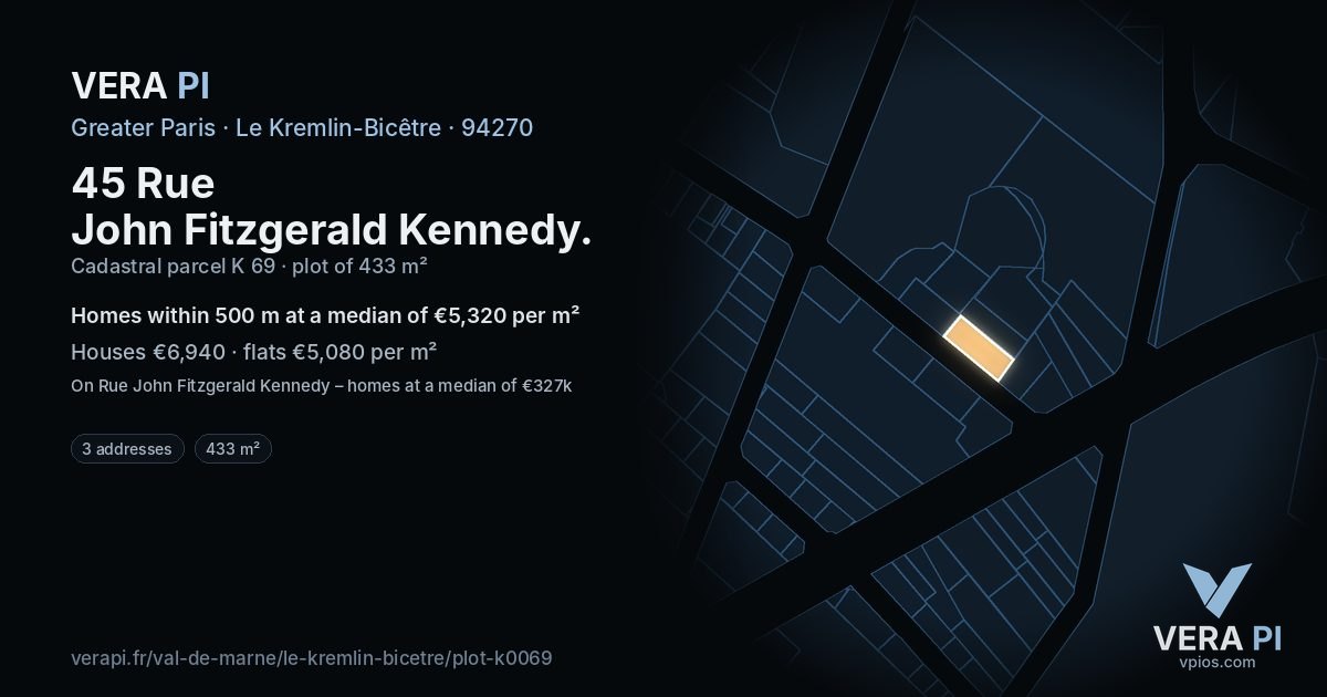 45 Rue John Fitzgerald Kennedy, Le Kremlin-Bicêtre at night – the plot lit, the parcels around coloured by the prices near them