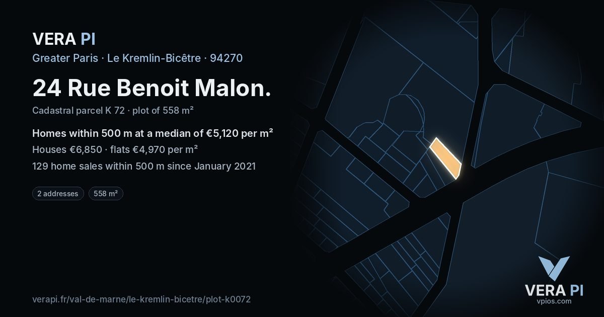 24 Rue Benoit Malon, Le Kremlin-Bicêtre at night – the plot lit, the parcels around coloured by the prices near them