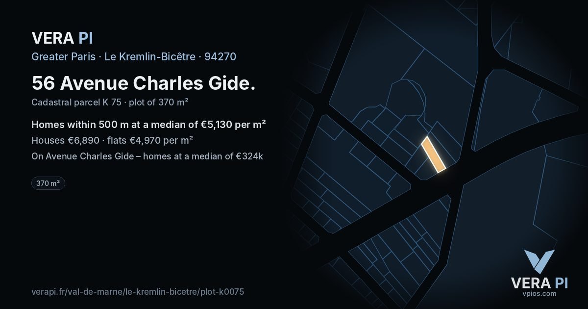 56 Avenue Charles Gide, Le Kremlin-Bicêtre at night – the plot lit, the parcels around coloured by the prices near them