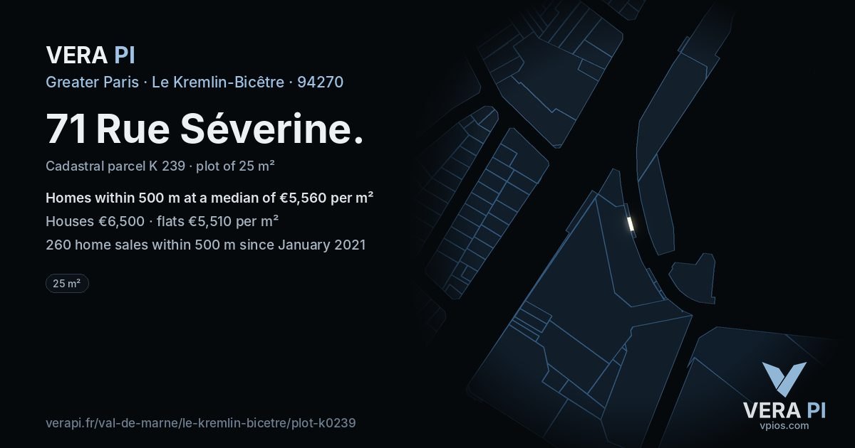 71 Rue Séverine, Le Kremlin-Bicêtre at night – the plot lit, the parcels around coloured by the prices near them