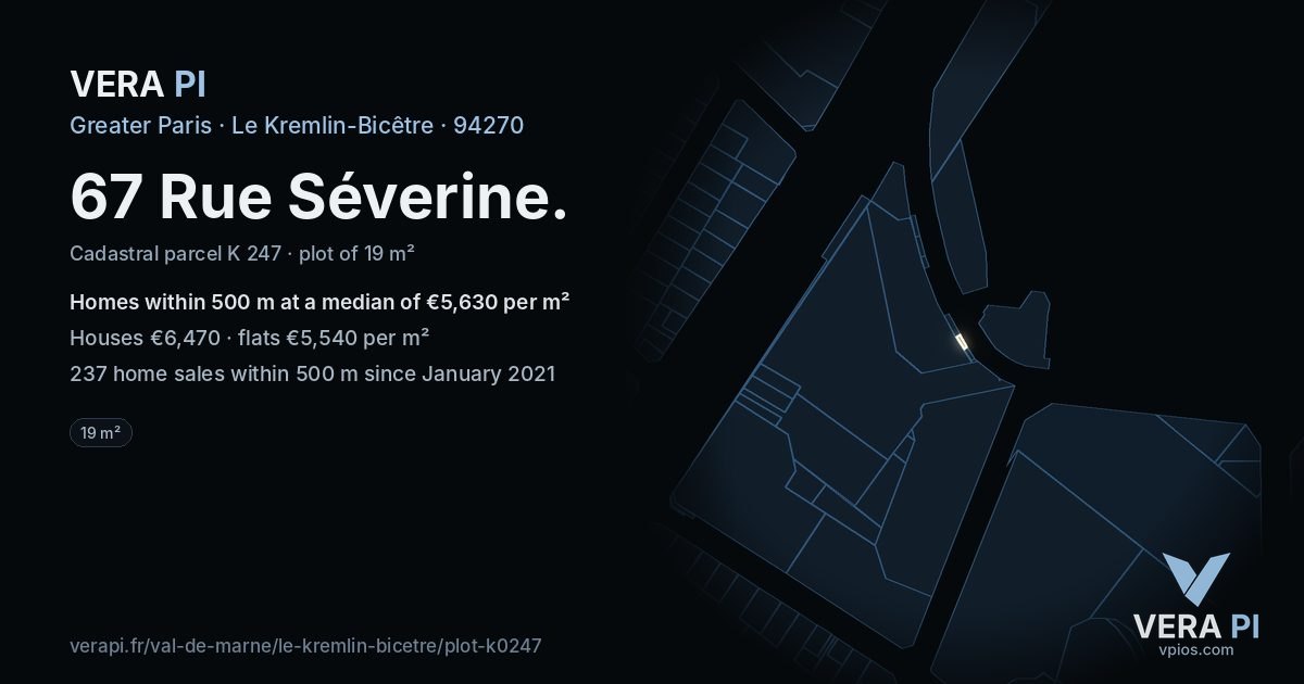 67 Rue Séverine, Le Kremlin-Bicêtre at night – the plot lit, the parcels around coloured by the prices near them