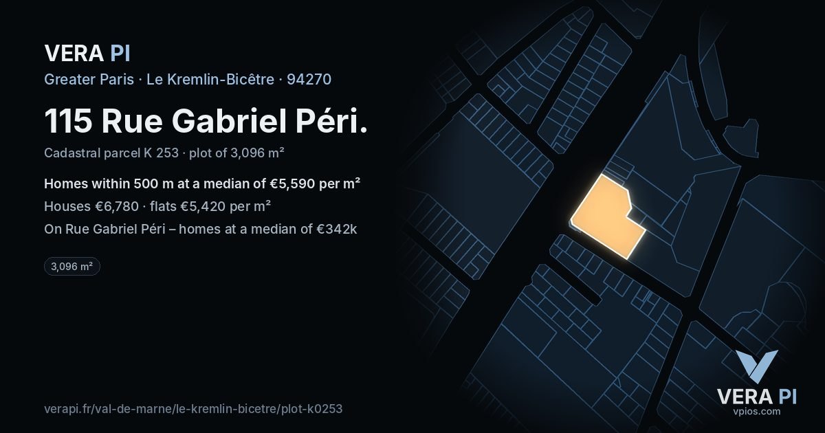 115 Rue Gabriel Péri, Le Kremlin-Bicêtre at night – the plot lit, the parcels around coloured by the prices near them