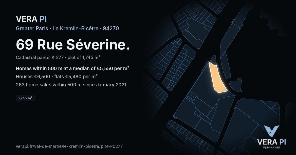 69 Rue Séverine, Le Kremlin-Bicêtre at night – the plot lit, the parcels around coloured by the prices near them